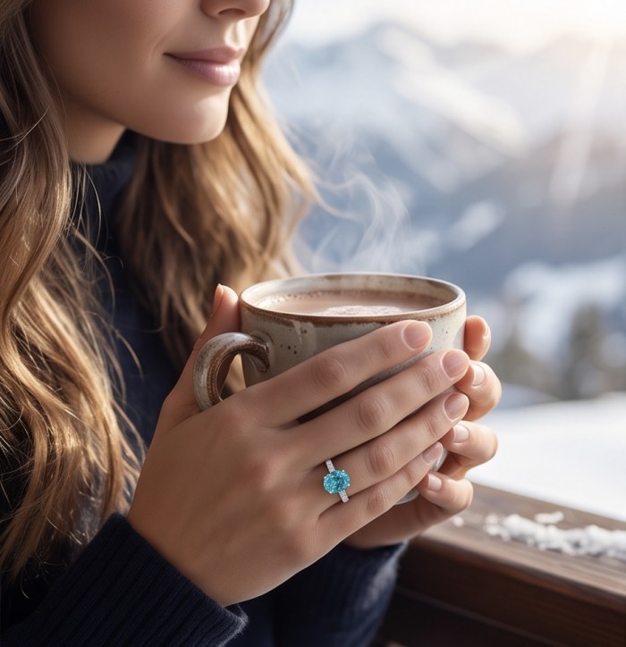 Wonderland 4.1 carat Paraiba Tourmaline .925 Sterling Silver Handcrafted Ring size 8 1/4 - Worn on hand, Paraiba Tourmaline ring with winter scenery in background.