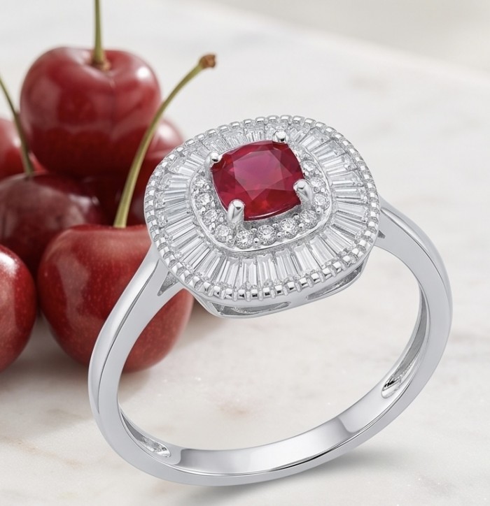 Art Deco 0.7 ctw Mozambique Ruby .925 Sterling Silver handcrafted Statement Ring size 7 1/4 - Close-up of Art Deco ruby sterling silver ring with cherries in background