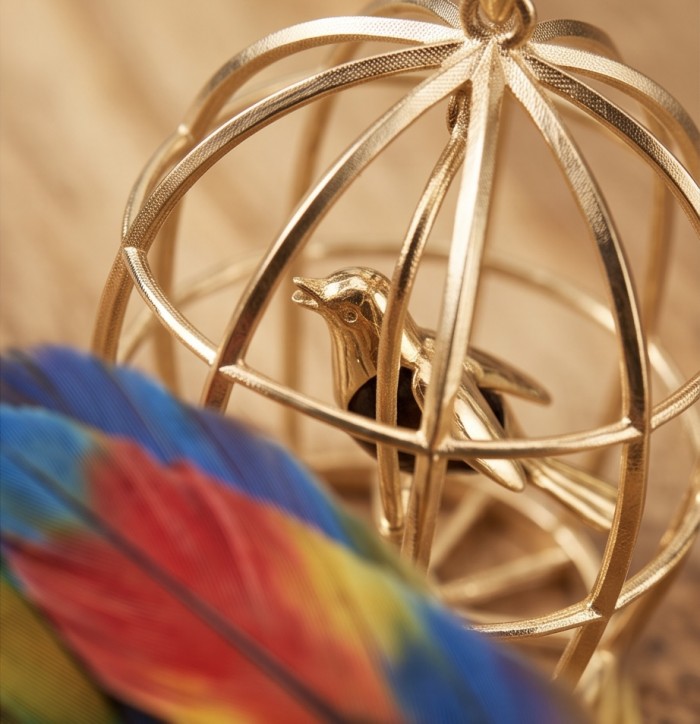 Charm Pendant - Birdcage - Authentic Baltic Amber 18K Gold over .925 Sterling Silver handcrafted pendant - Close-up of birdcage charm pendant with multicolored feather detail