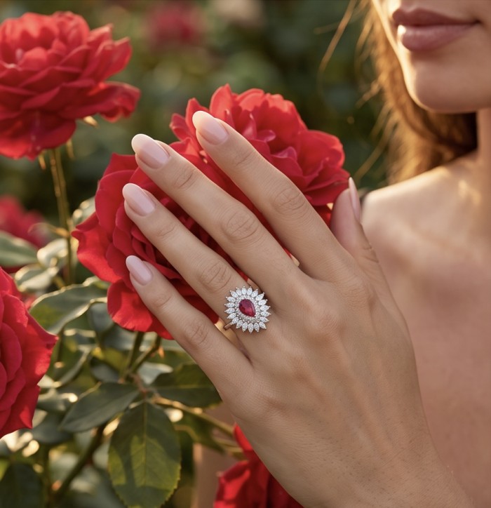 Exquisite 2.1 ctw Mozambique Ruby .925 Sterling Silver handcrafted Statement Ring size 7 - Close-up of Mozambique ruby ring worn on hand, surrounded by roses.