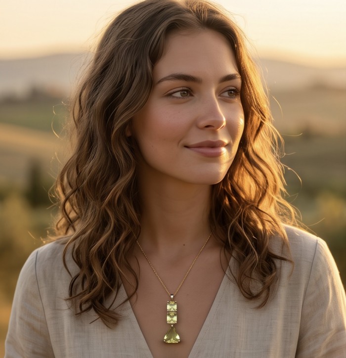 Island 22.5 carat Lemon Quartz rhodium over .925 Sterling Silver handcrafted pendant - Worn necklace with Island 22.5 carat Lemon Quartz in natural light.