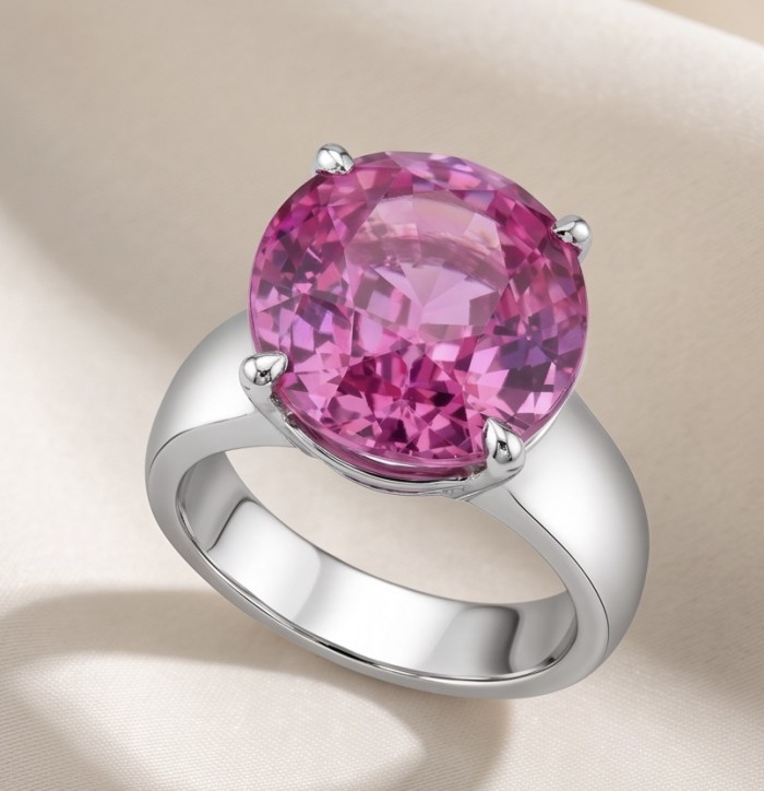 Anastasia 12.2 carat Pink Sapphire .925 Sterling Silver dipped in Rhodium Handcrafted Statement Ring size 6 3/4 - Close-up of Anastasia 12.2 ct Pink Sapphire in Sterling Silver ring