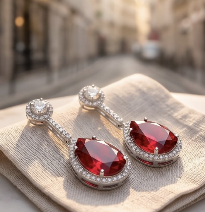 Bella Rossa - Magnificent Jewel 14.5 carat Mozambique Ruby .925 Sterling Silver dippedin Rhodium handcrafted earrings - Elegant ruby earrings with diamonds on cloth in city street setting.