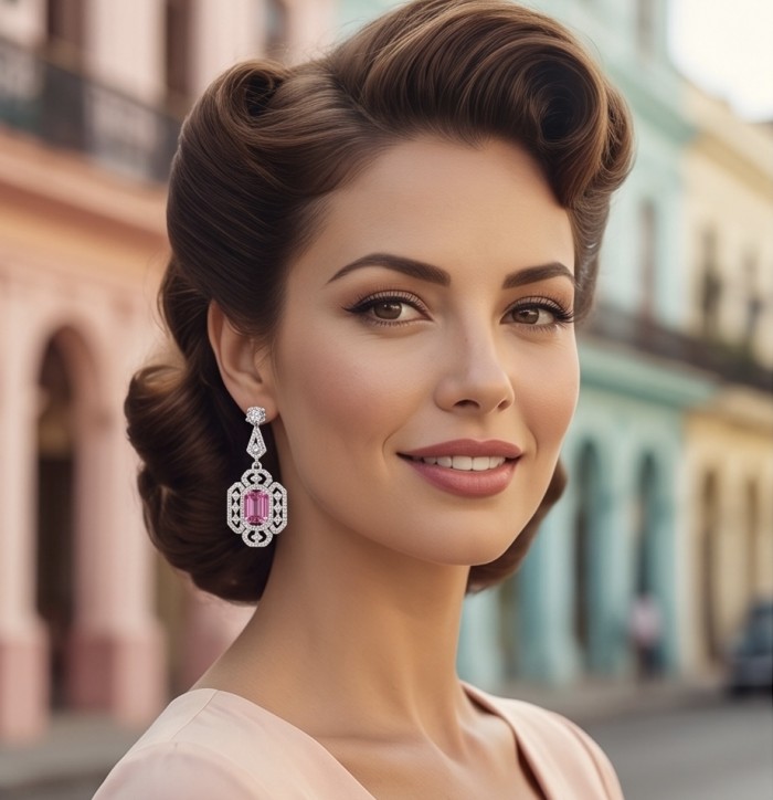 Incredible 4.5 carat Pink Topaz rhodium over .925 Sterling Silver entirely handmade earrings - Woman wearing 4.5 carat pink topaz earrings, side view.