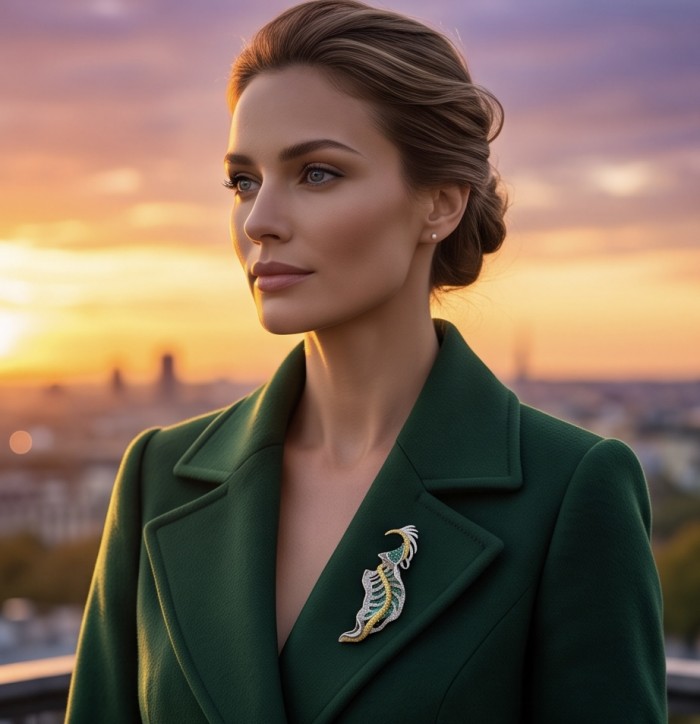 Precious Leaf - 9.5 carat Authentic Colombian Emerald pave 4.2 carat yellow Sapphire .925 Sterling Silver handcrafted Pendant and Brooch - Emerald brooch on green coat at sunset, side view of jewelry.