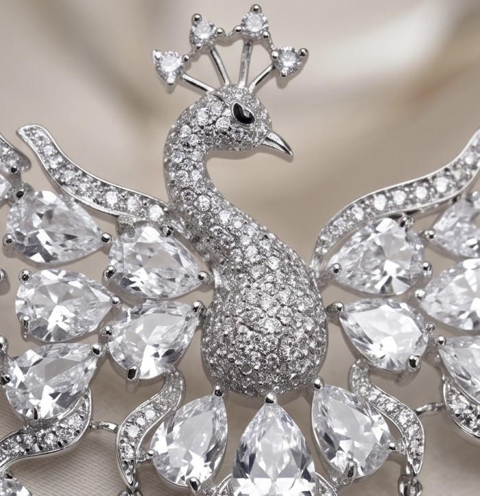55.2 carat Graceful Swan Natural White Topaz rhodium over .925 Sterling Silver handcrafted Statement necklace - Close-up of 55.2 carat Graceful Swan Topaz brooch detail.
