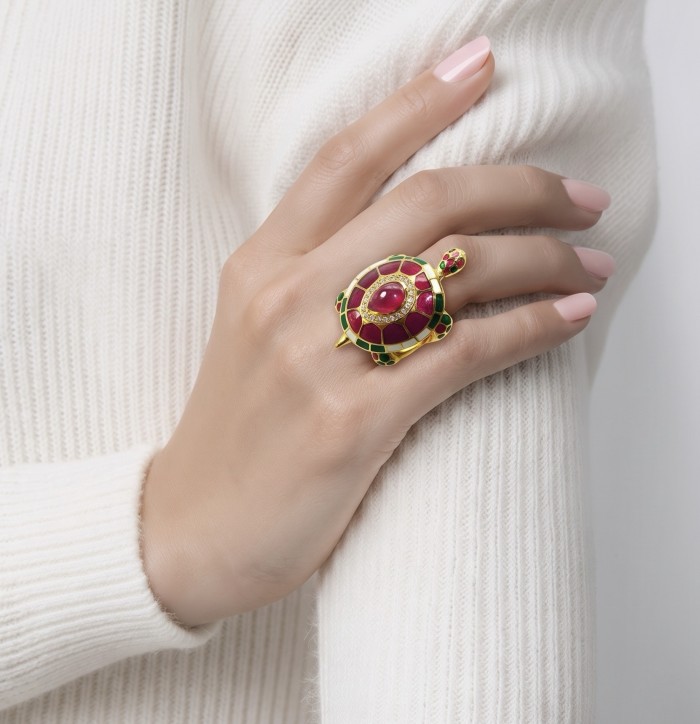Good health and Long life Turtle Genuine 2.6 carat Ruby enamel .925 Sterling Silver dipped in 22K Gold handmade HUGE Ring size 6 - Turtle ring with ruby, worn on hand, showing top view.