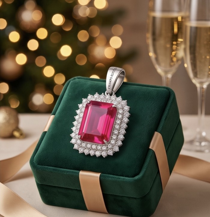 Rare finding! Deluxe 51.2 carat authentic emerald cut Kashmir Ruby rhodium over .925 Sterling Silver handmade Statement Pendant - Close-up of deluxe 51.2 carat emerald cut Kas on green box, festive background