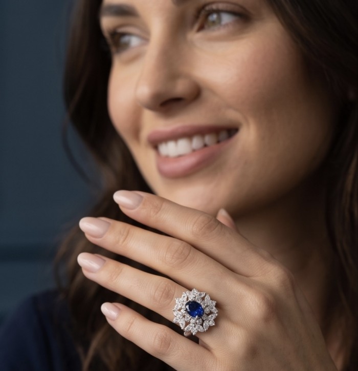 Classy design - 4.7 carat natural Sapphire .925 Sterling Silver Perfectly handcrafted Ring s. 6 1/4 - Sapphire ring worn on hand, close-up showcasing detailed design.