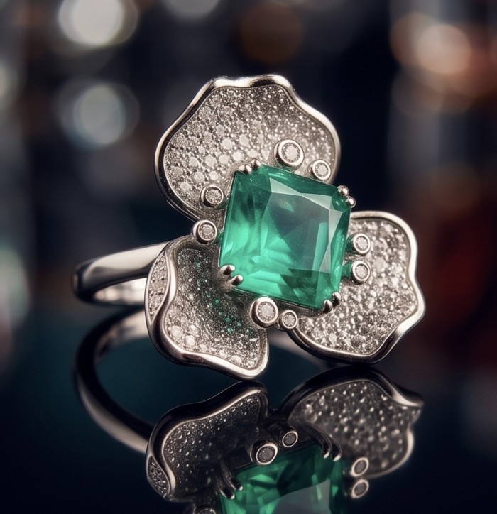 Elizabeth 4.8 carat Colombian Emerald 8.2 carat Moissanite .925 Sterling Silver dipped in Rhodium handcrafted Ring size 7 - Close-up of Elizabeth ring with emerald and moissanite flower design