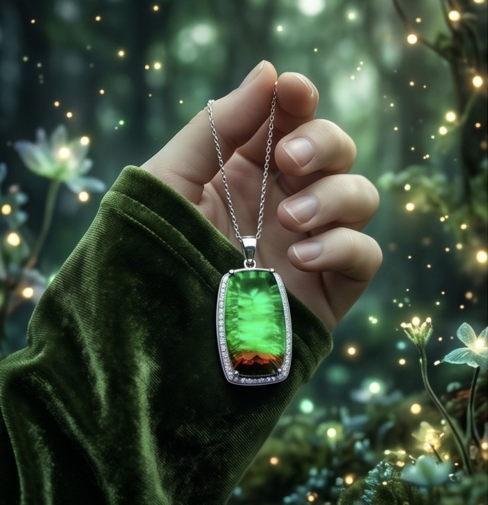 Isabella 18.2 carat baquete cut Brazilian Tourmaline .925 Sterling Silver Perfectly handcrafted pendant - Close-up of green tourmaline pendant held in hand, forest background
