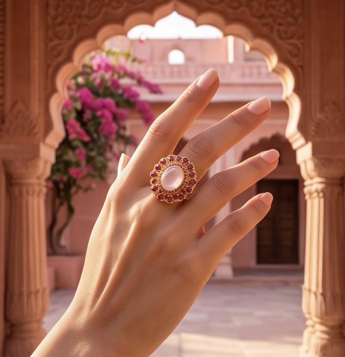 Ramona - Top quality 24.2 carat Brazilian Rose Quartz .925 Sterling Silver dipped in 18K Gold Handcrafted Ring size 6 - Rose quartz ring worn on hand in ornate architectural setting.