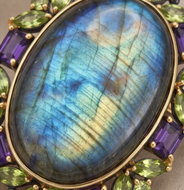 Large - Excellent quality Labradorite black rhodium over .925 Sterling Silver handcrafted Brooch - Close-up of labradorite stone with colorful gemstone accents.