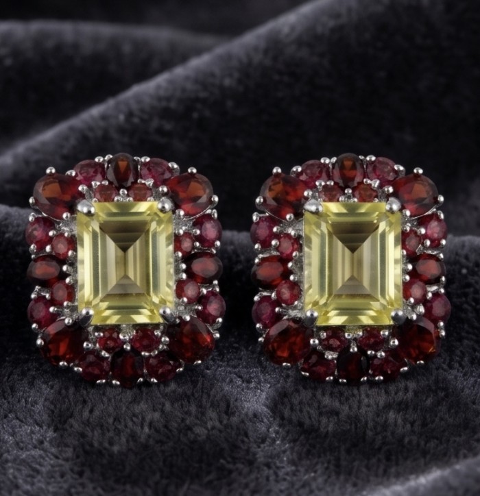 Costa del Sol 17.8 carat Genuine Lemon Quartz rhodium over .925 Sterling Silver handcrafted Earrings - Close-up of Costa del Sol lemon quartz earrings on velvet background