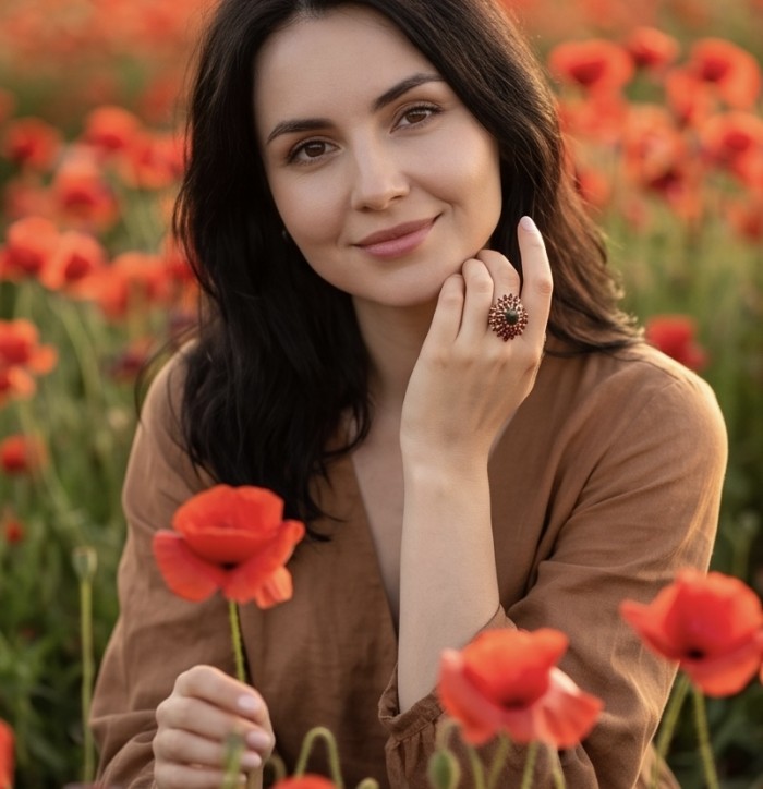 Giovanna trillion cut 22.5 carat Garnet from Sri Lanka (Ceylon) 22K Gold over .925 Sterling Silver handcrafted Statement ring size 6 - Woman wearing Giovanna trillion cut Garnet ring in poppy field.
