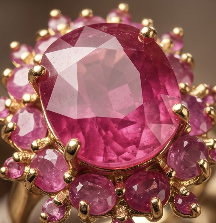 Blooming Garden Genuine 26.5 carat Kashmir Ruby .925 Sterling Silver dipped in 22K Gold Large Statement Ring size 8 3/4 - Close-up of Blooming Garden 26.5 carat Kashmir Ruby ring