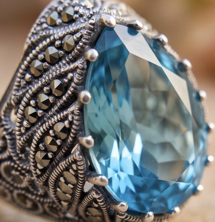 Massive Deep Blue 18.8 carat Aquamarine Marcasite .925 Sterling Silver handcrafted ring size 10 - Close-up of ornate aquamarine ring with marcasite details.