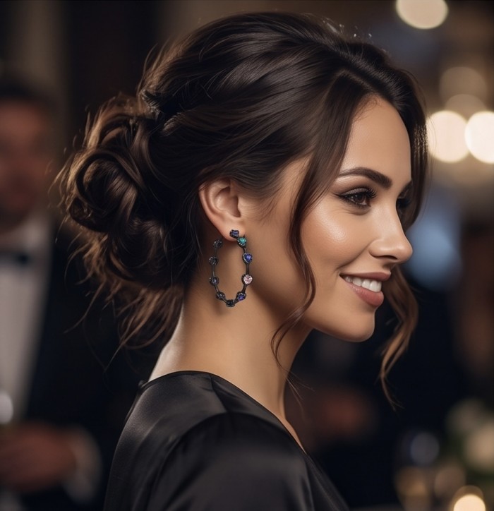 Extravaganza authentic inside-out 10.5 carat Multicolor Sapphire black rhodium over .925 Sterling Silver Handcrafted Hoop Earrings - Side view of Extravaganza 10.5 carat multicolor sapphire earrings worn.