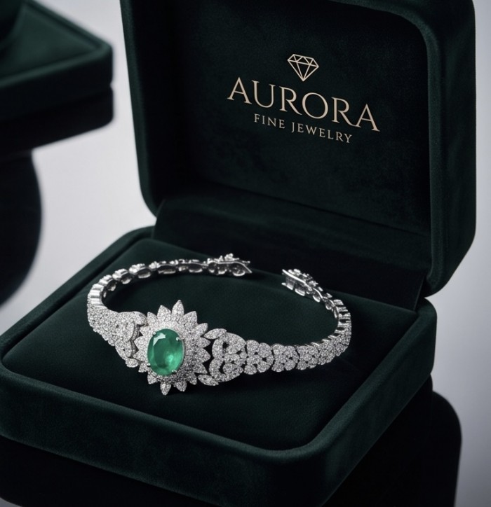 Precious 8.2 carat natural Colombian Emerald rhodium over .925 Sterling Silver .925 Sterling Silver Statement Bracelet - Emerald bracelet in velvet box, top view showcasing intricate design