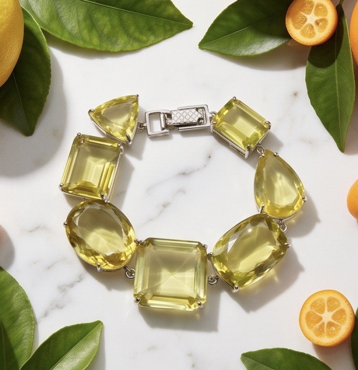 Luxurious Genuine 55.2 CARAT Lemon Quartz .925 Sterling Silver handcrafted Bracelet - Bracelet with lemon quartz stones on marble, surrounded by citrus fruits