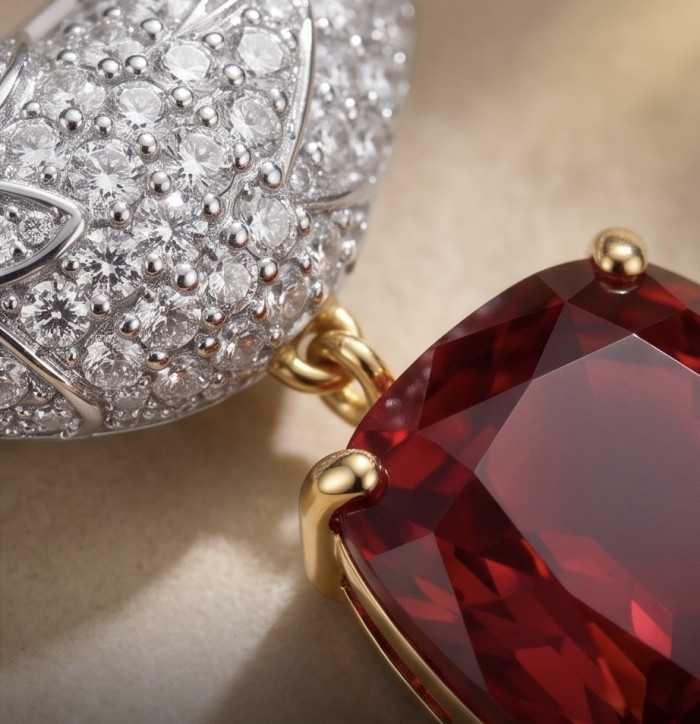 Bird on a Rock - Iconic design - Genuine 12.5 carat Ruby 18K Gold over .925 Sterling Silver handmade Brooch - Close-up of ruby and diamond detail in Bird on a Rock jewelry design