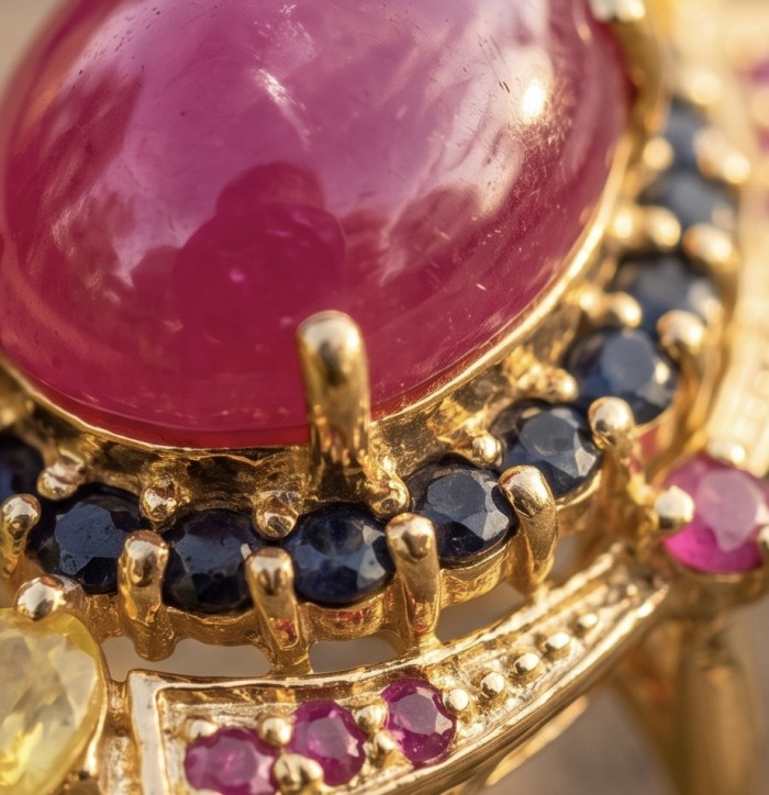 King of Gems Genuine 24.5 CARAT Mozambique Ruby 18K Gold over .925 Sterling Silver Large Statement Ring size 7 - Close-up of King of Gems 24.5 carat Mozambique Ruby in 18K gold setting