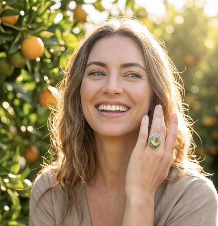 Charlotte Authentic 15.4 carat Green Amethyst rhodium over .925 Sterling Silver handcrafted Statement Ring size 8 1/4 - Woman wearing Charlotte 15.4 ct Green Amethyst ring in garden setting.