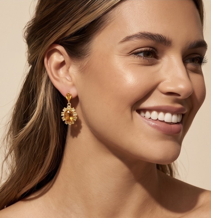 Giovanna - Authentic 4.4 carat Brazilian Citrine .925 Sterling Silver dipped in 22K Gold handcrafted earrings - Side view of Giovanna earrings with Brazilian Citrine, worn on a model.