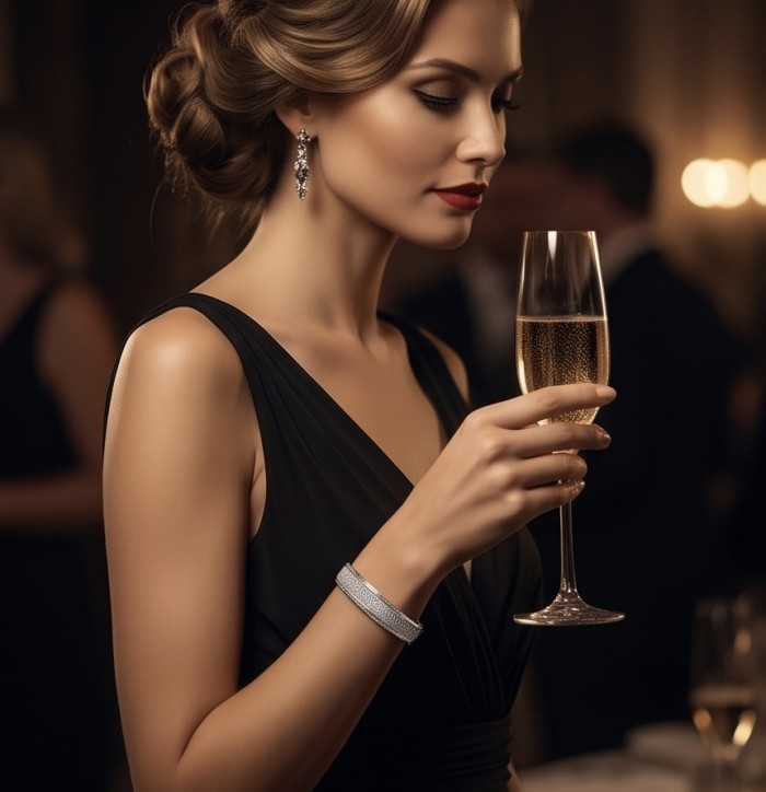 Priscilla 1.9 carat pave White Topaz rhodium over .925 Sterling Silver Bangle highly polished bracelet - Woman wearing Priscilla White Topaz bracelet, side view with drink.