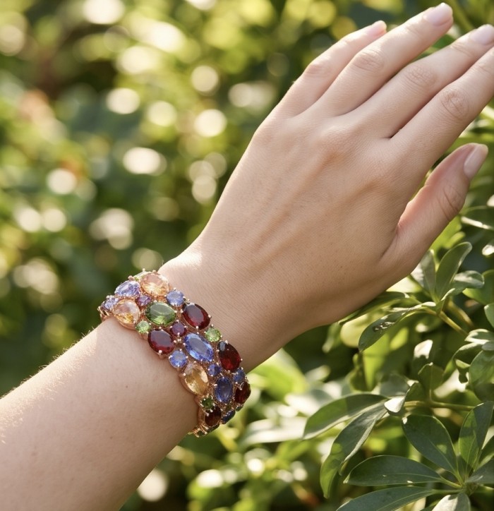 Tutti Frutti 125.5 CARAT MULTIGEM 14k Gold over .925 Sterling Silver brilliantly handcrafted Bracelet - Bracelet worn on hand, showcasing colorful multigem stones outdoors.