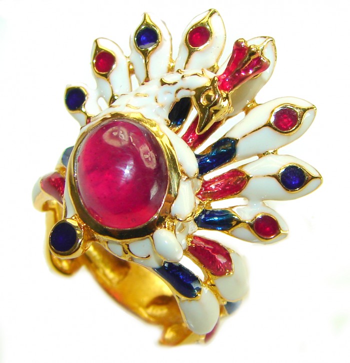 Graceful Peacock Enamel Ruby 18K Gold over .925 Sterling Silver Huge handcrafted Ring s. 7 3/4 - photo 3