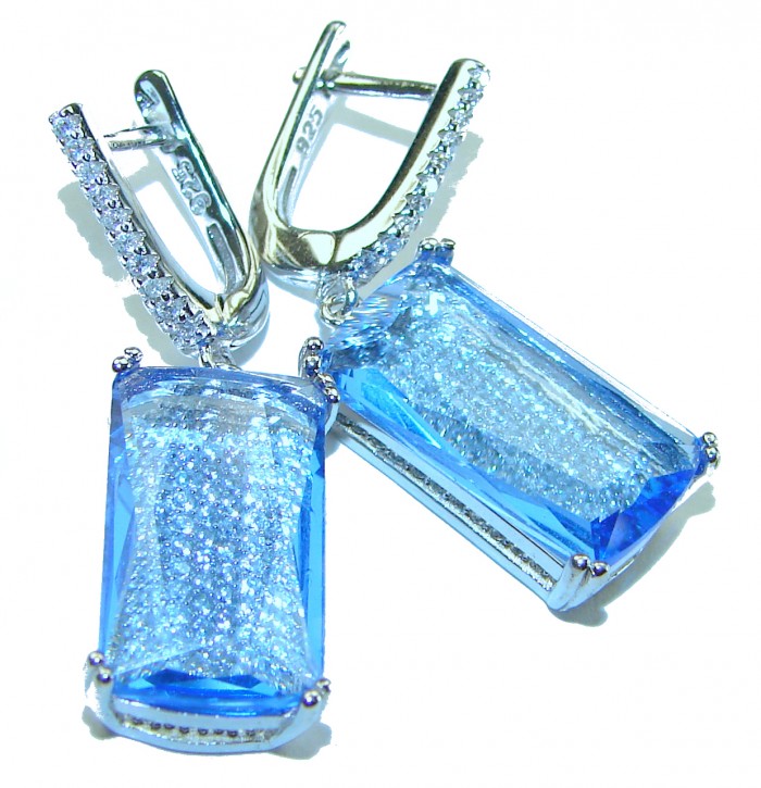 Aqua - Splendid 10.5 carat Swiss Blue Topaz .925 Sterling Silver Handcrafted Earrings - photo 3