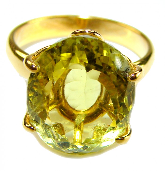 8.8 carat Genuine Lemon Quartz 14K Gold over .925 Sterling Silver handcrafted ring size 7 1/2 - Lemon quartz ring, 14K gold over sterling, close-up view.