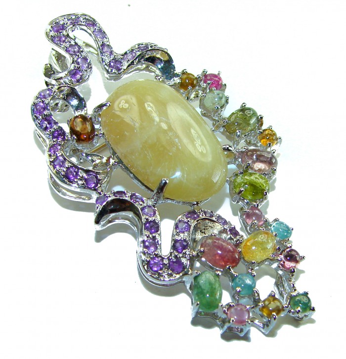 Vintage Design 23.9 Natural Golden Yellow Sapphire .925 Sterling Silver handcrafted Pendant Brooch - Side view of vintage design with golden yellow sapphire and multicolored gems.