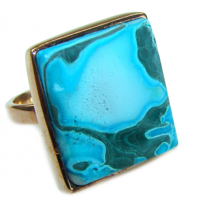 Authentic Parrot's Wing Chrysocolla 18K Gold over .925 Sterling Silver handcrafted ring size 8 - Close-up of square Parrot's Wing Chrysocolla ring in 18K gold over silver