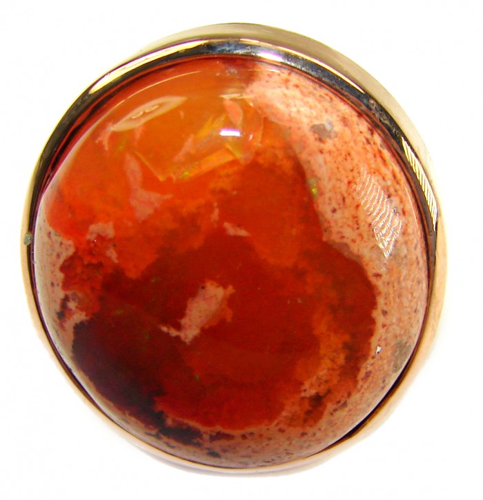 Orange Galaxy best quality 33.4 carat Mexican Opal 18K Rose Gold over .925 Sterling Silver handmade ring 8 adjustable - Close-up of 33.4 carat Mexican opal stone in 18K gold setting.