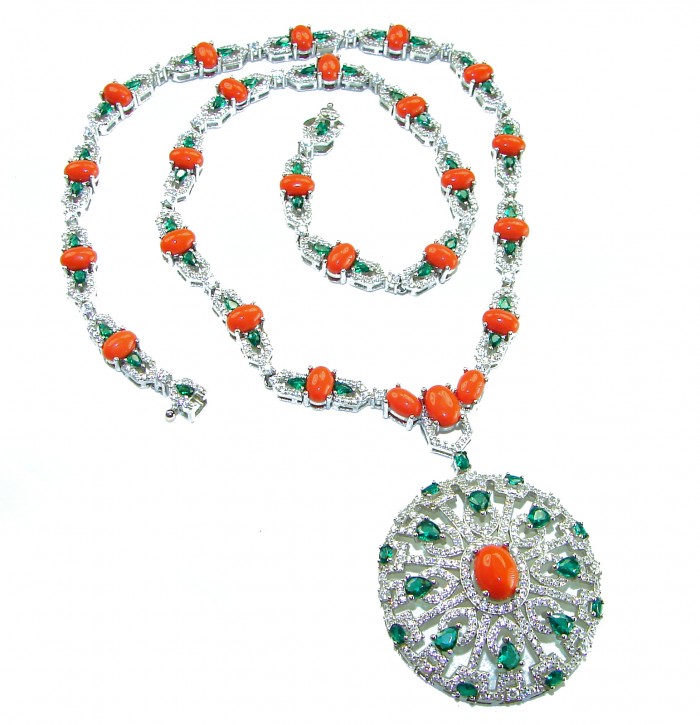 Serenity - 72.5 carat genuine Coral Emerald .925 Sterling Silver handmade Statement necklace - Necklace with coral and emeralds, front view with pendant displayed