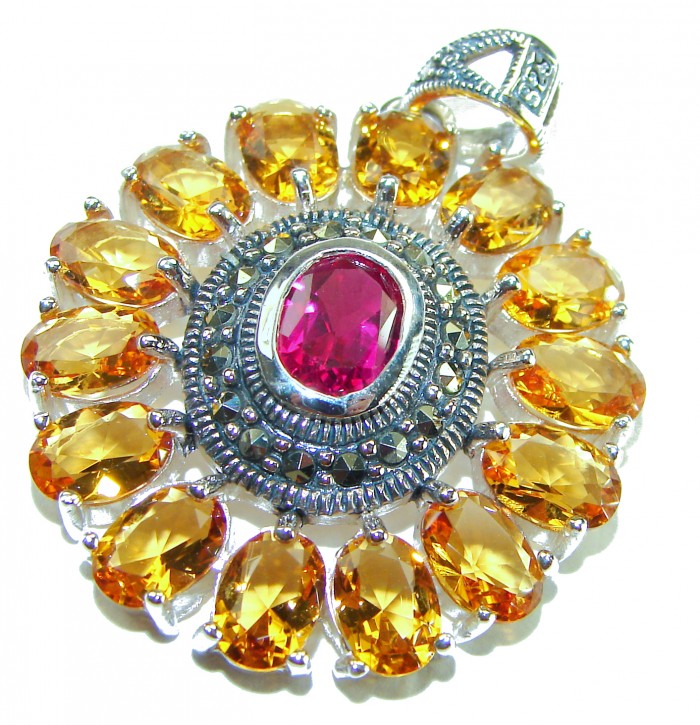 Deluxe 10.2 carat Ruby .925 Sterling Silver handmade Pendant - Ruby and citrine sterling silver pendant, top view close-up.