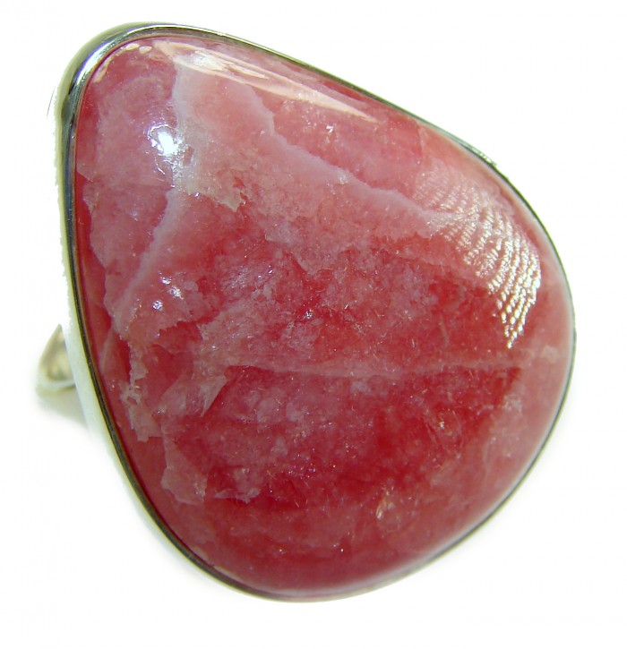 Strawberry Fields - 28.8 CARAT Argentinian Rhodochrosite .925 Sterling Silver handmade ring size 8 - Close-up of Strawberry Fields Argentinian Rhodochrosite ring.