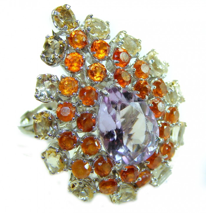 Tiffany - 27.5 carat Pink Amethyst rhodium over .925 Silver handcrafted Statement Ring s. 6 - Close-up of pink amethyst ring with orange and clear stones
