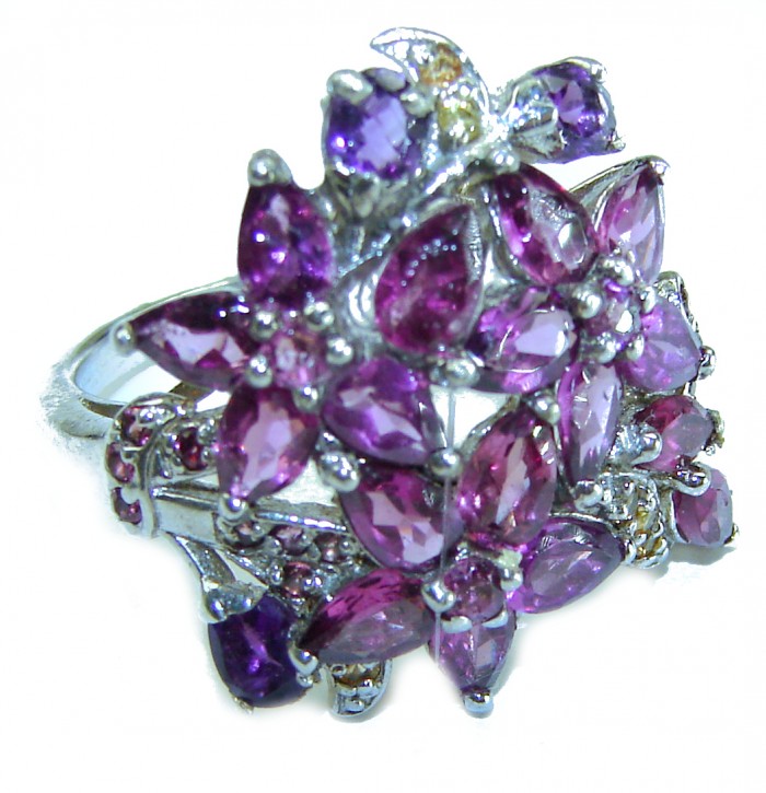 Blooming Red Flowers 11.5 carat Authentic Garnet .925 Sterling Silver handcrafted Ring size 8 - Floral garnet cluster ring, top view, .925 sterling silver setting