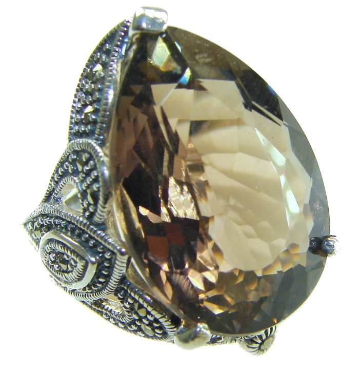 Rare Finding! Natural 28.4 carat Smoky Quartz Marcasite .925 Sterling Silver handmade Large Statement Ring size 8 - Close-up of large smoky quartz and marcasite ring details