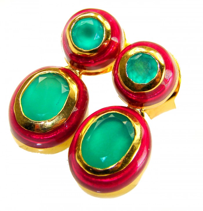 Countless Blessings Genuine 6.5 carat Authentic Emerald enamel 18K Gold over .925 Sterling Silver handcrafted earrings - Emerald earrings close-up with gold and red enamel accents