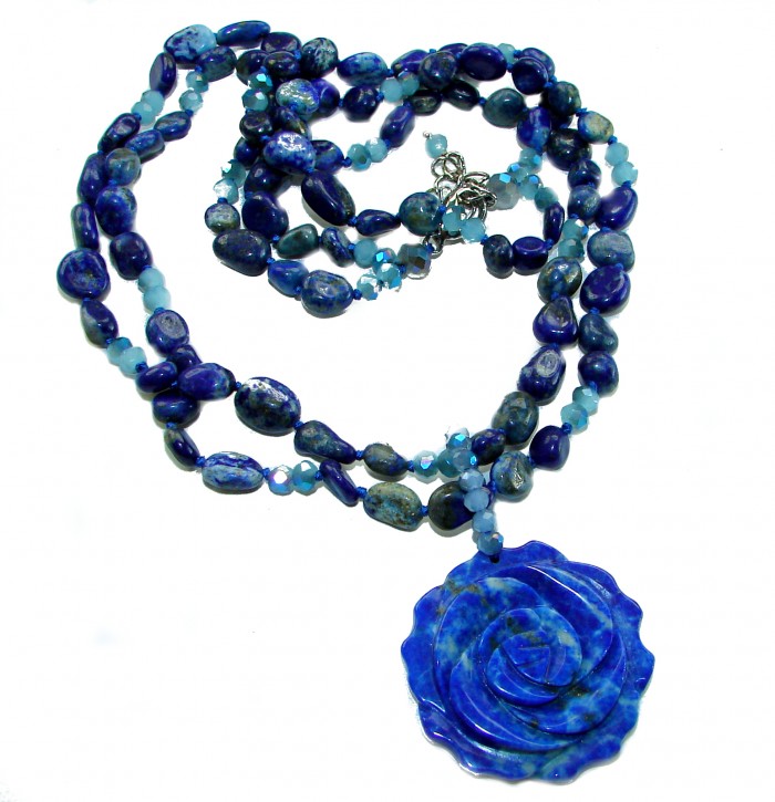 Bohemian style genuine carved Sodalite .925 Sterling Silver Necklace - Bohemian Sodalite necklace with silver, top view, carved pendant detail.