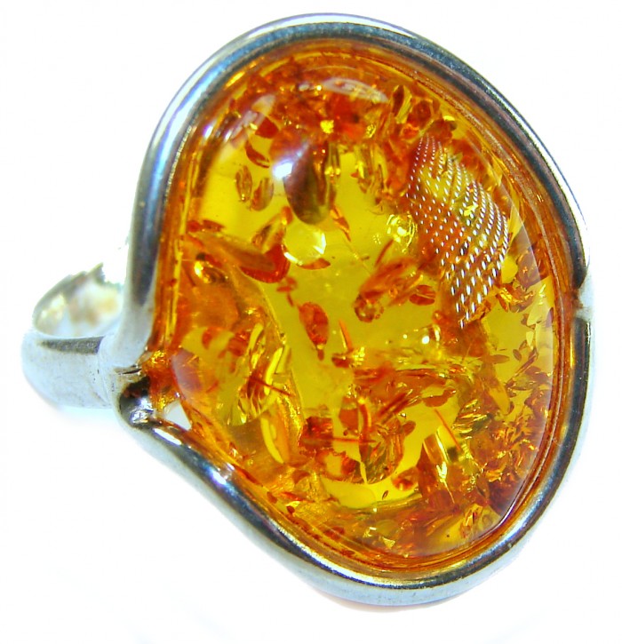Beauty of the Sea - Natural Baltic Amber .925 Sterling Silver handcrafted ring; s. 7 adjustable - Close-up of Beauty of the Sea Baltic amber ring in sterling silver