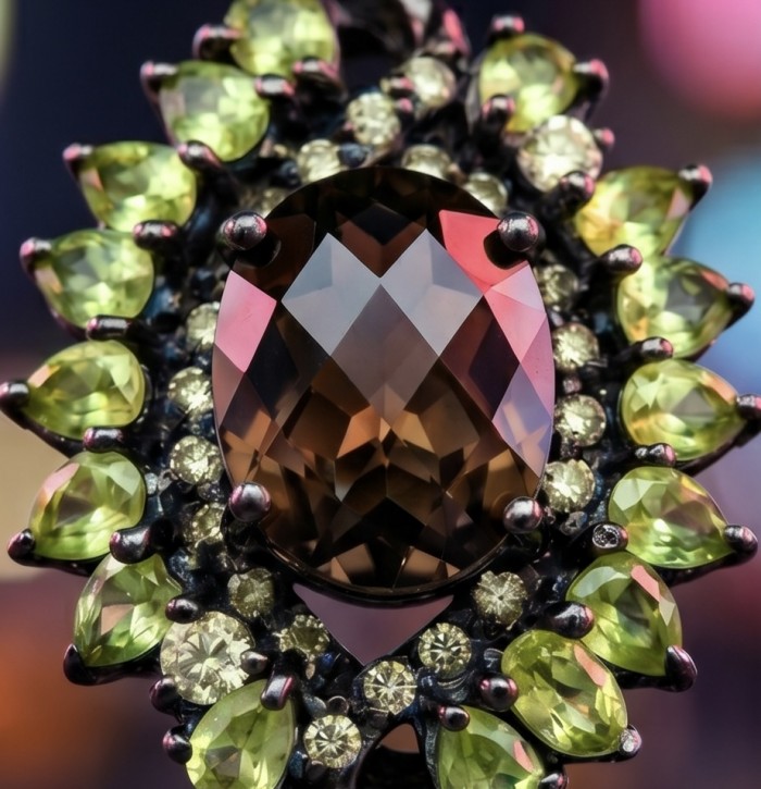 Authentic 18.5 carat Smoky Topaz black rhodium over .925 Sterling Silver handmade Statement Pendant - Smoky Topaz and Peridot stone close-up, black rhodium setting.