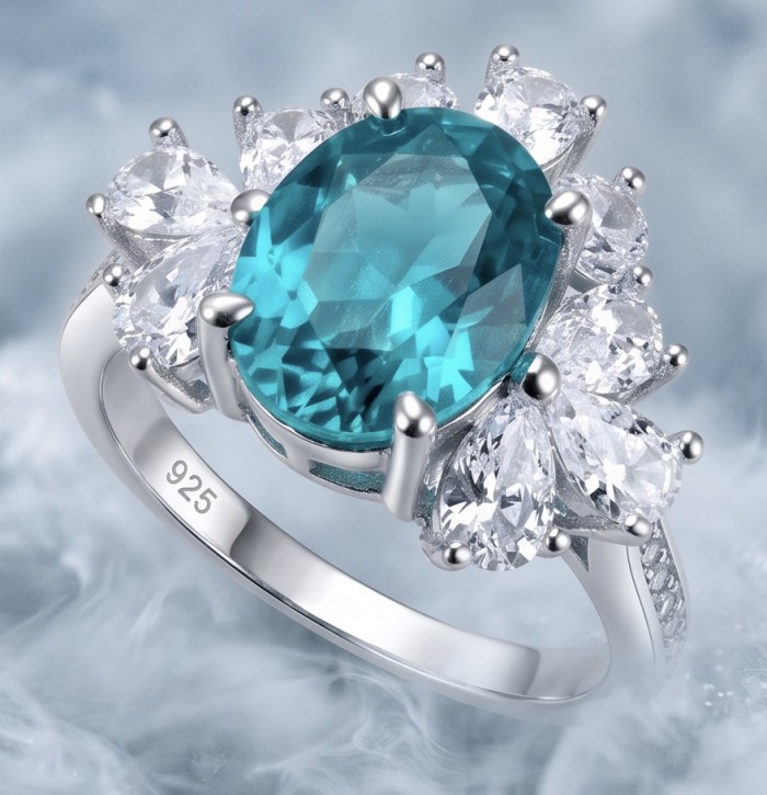 Wonderland 4.5 carat Brazilian Paraiba Tourmaline .925 Sterling Silver Handcrafted Ring size 8 - Close-up of Wonderland ring with Paraiba Tourmaline and .925 silver setting.