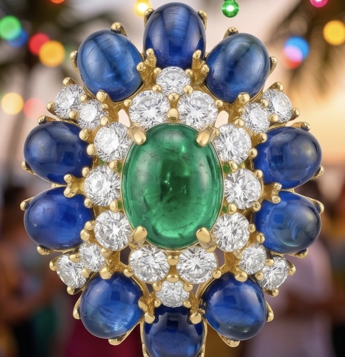 Colombian's Brilliance - emerald cut 4.7 carat Colombian Emerald 18K Gold over .925 Sterling Silver handcrafted earrings - Close-up of Colombian emerald and sapphire gold brooch with diamonds
