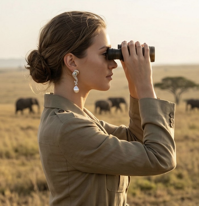 Two Elephats with 0.4 carat Emerald Eyes - Baroque style Precious natural Mother of Pearl 22K Gold over .925 Sterling Silver handcrafted earrings - Side view of earrings worn, featuring elephants with emerald eyes