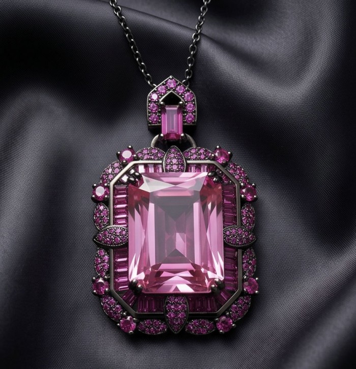 Anastasia 20.7 carat Pink Sapphire black rhodium over .925 Sterling Silver Handcrafted Statement necklace - Close-up of Anastasia 20.7 carat Pink Sapphire pendant on black fabric.
